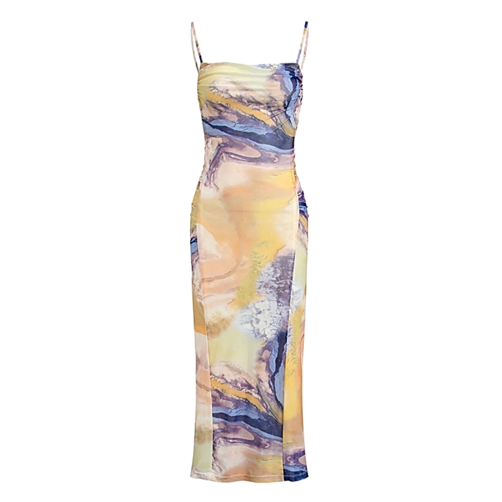 NWT Commense Yellow Purple Marble Tie-Dye Mesh Ruched Bodycon Midi Dress